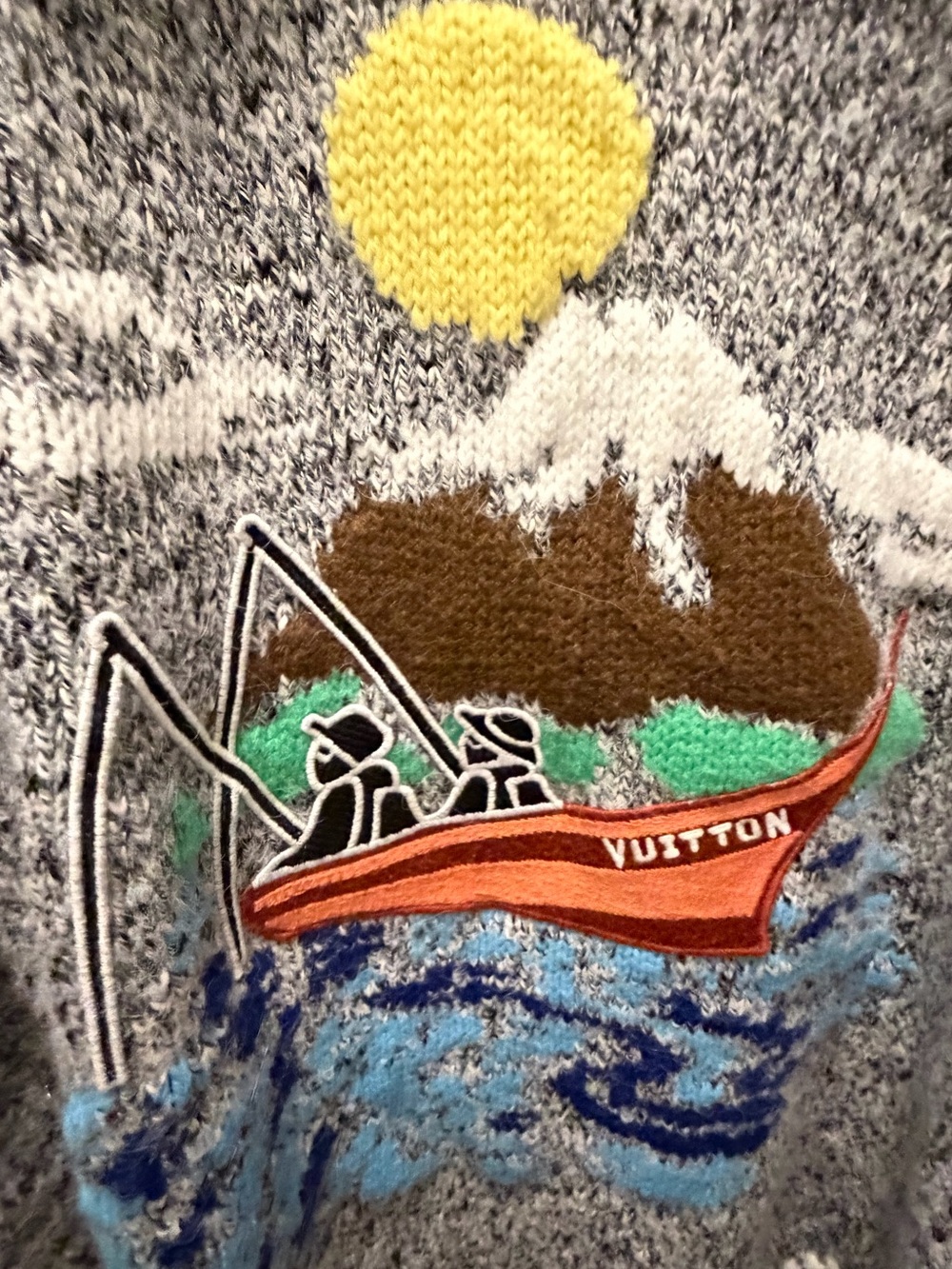 Authentic Louis Vuitton Men’s Gray Knit Sweater with Embroidered Boat Scene